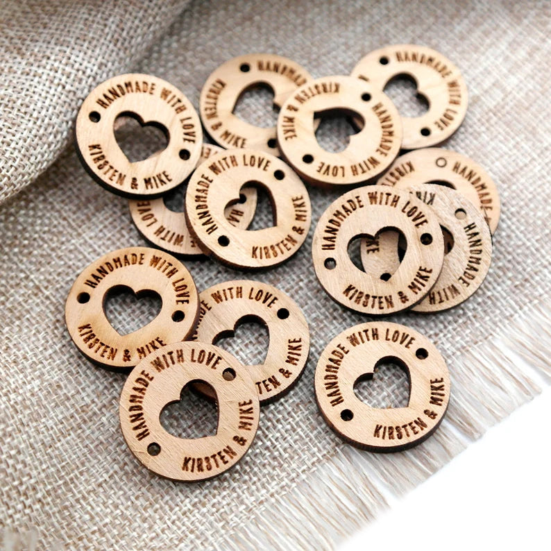Custom Wooden Knit Crochet Buttons Tags | Personalized Engraved Wooden Button with Heart