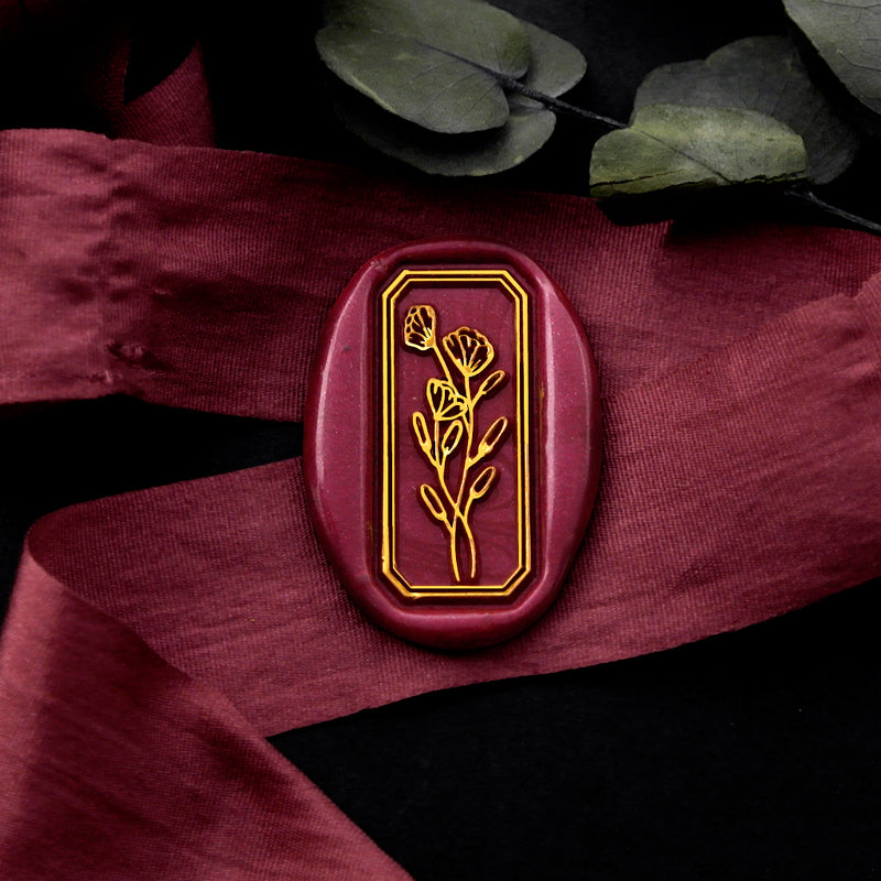 Wax Seal Stamp, created a rectangle red wax seal on a red ribbon with flower design