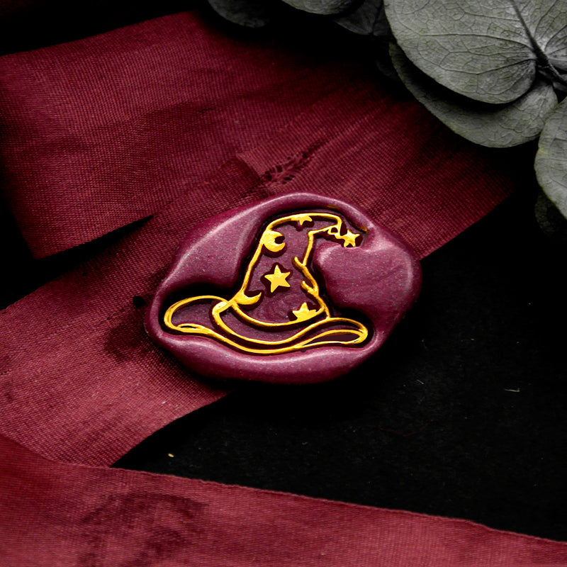 Wax Seal Stamp, created a wax seal on a red ribbon with moon stars halloween hat design