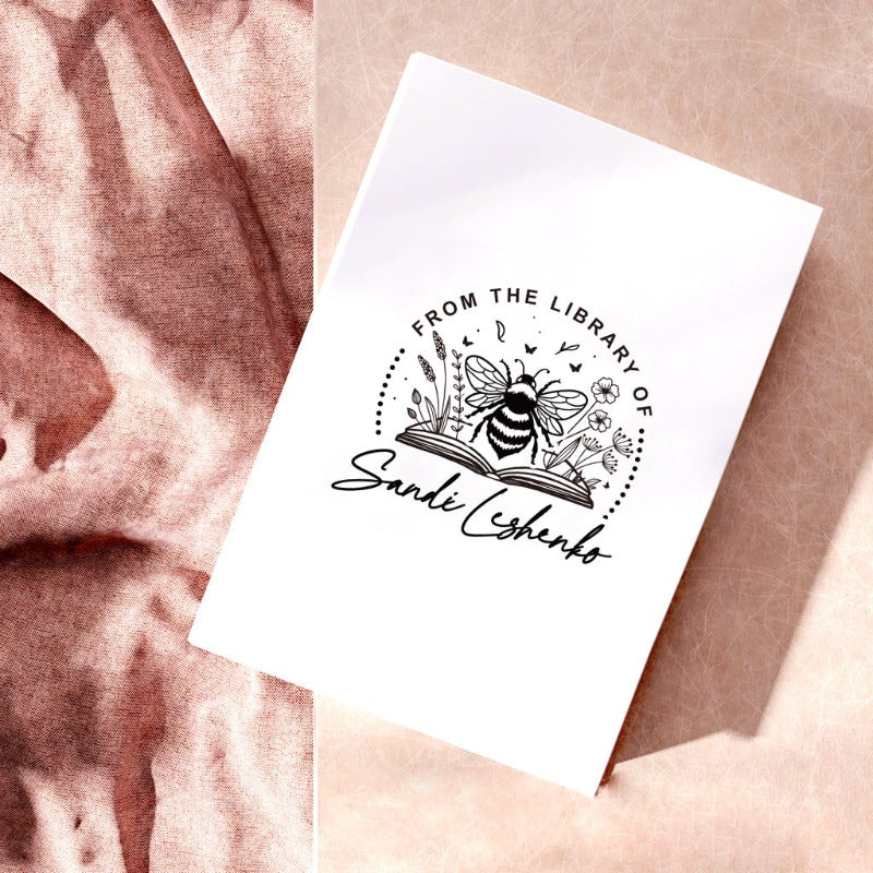 Custom your Book Stamp, with text from the library of your name, bee and books graphic.