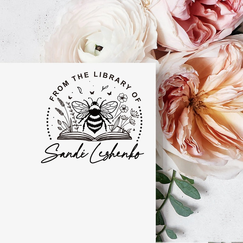 Custom your Book Stamp, with text from the library of your name, bee and books graphic.