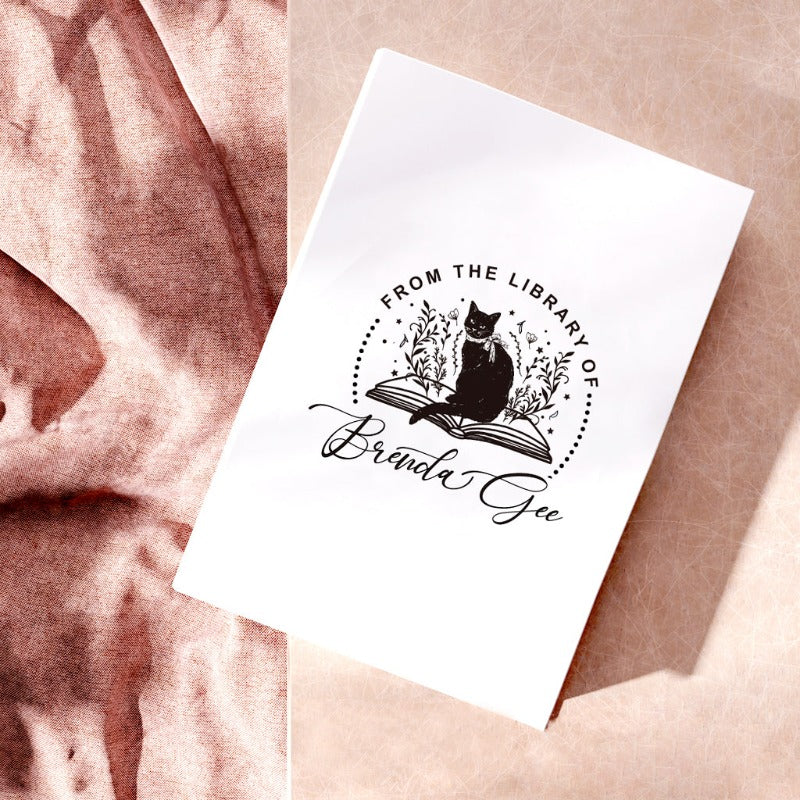 Custom your Book Stamp, with text from the library of your name, cat and books graphic.