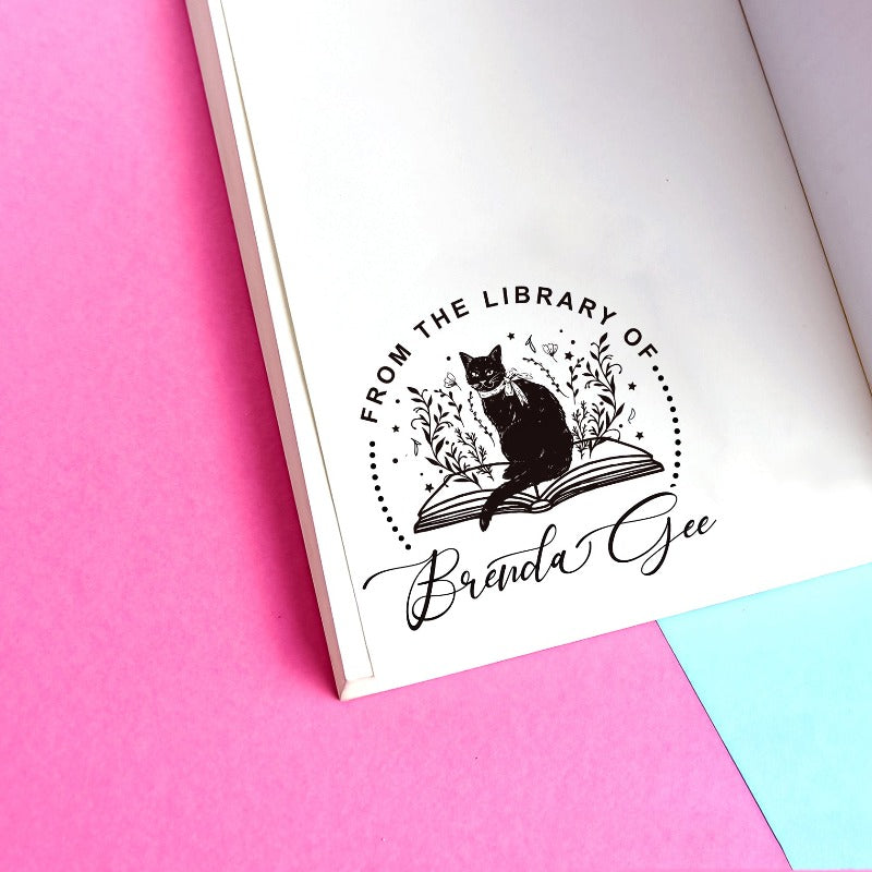 Custom your Book Stamp, with text from the library of your name, cat and books graphic.