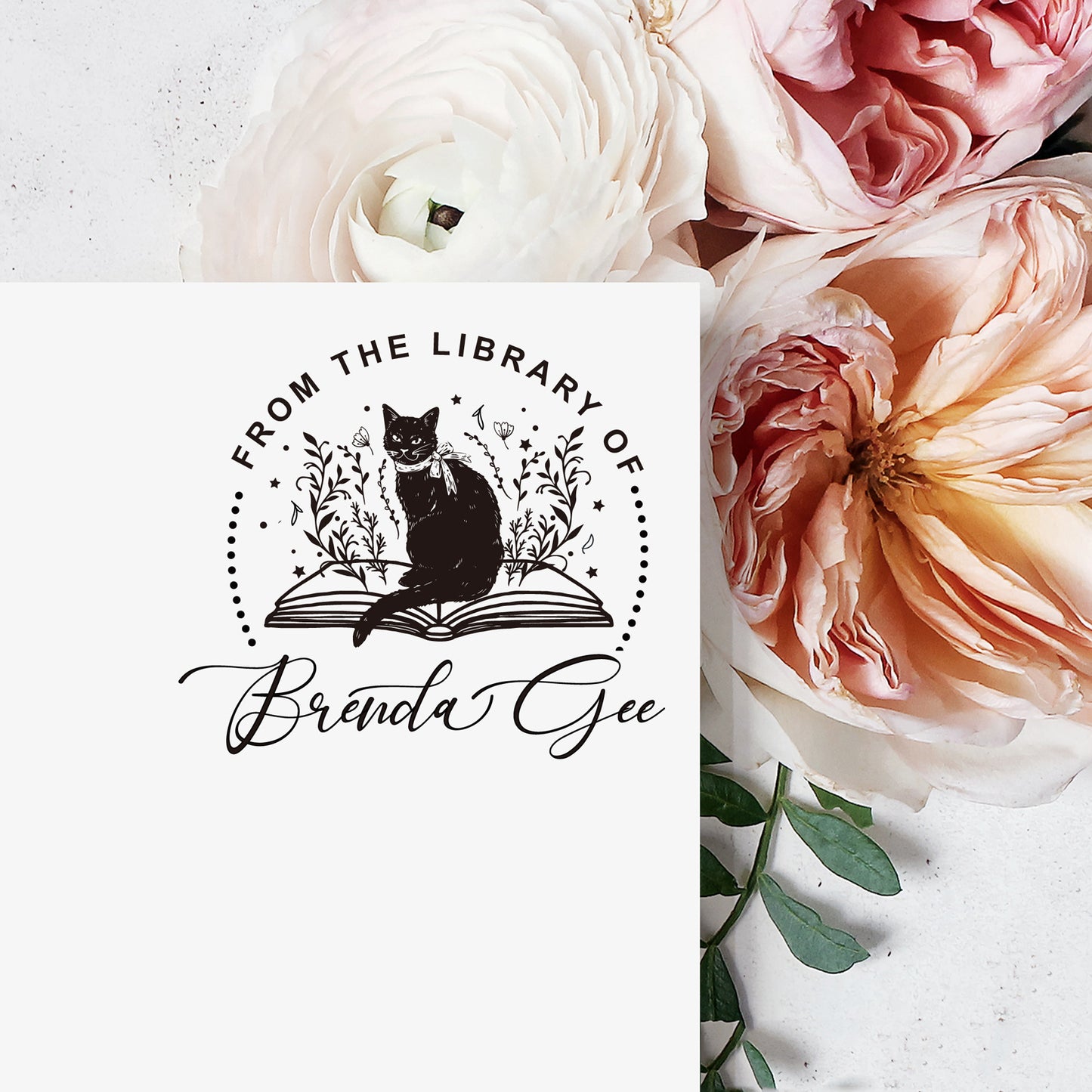 Custom your Book Stamp, with text from the library of your name, cat and books graphic.