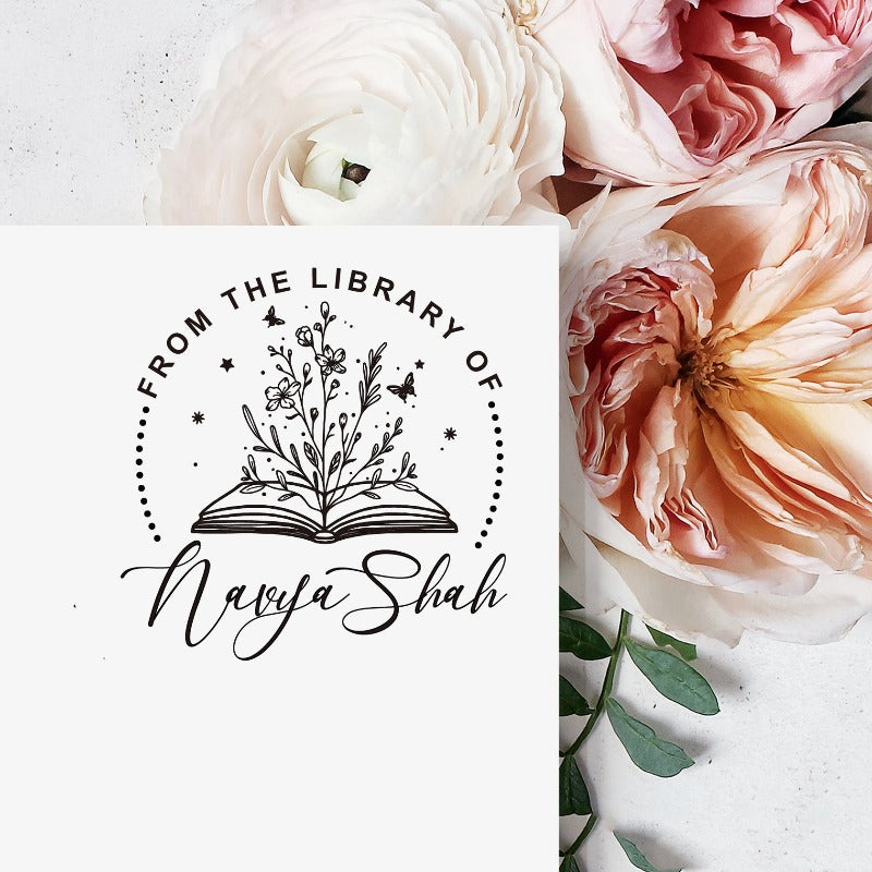 Custom your Book Stamp, with text from the library of your name, butterflies, Flowers and books graphic.