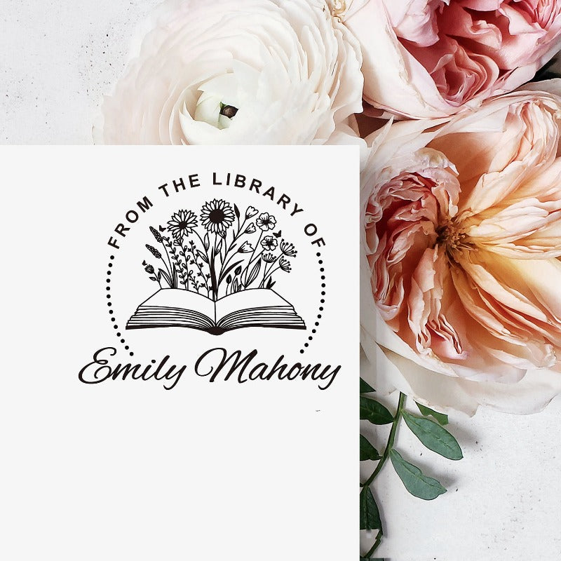Custom your Book Stamp, with text from the library of your name, sunflowers and book graphic.