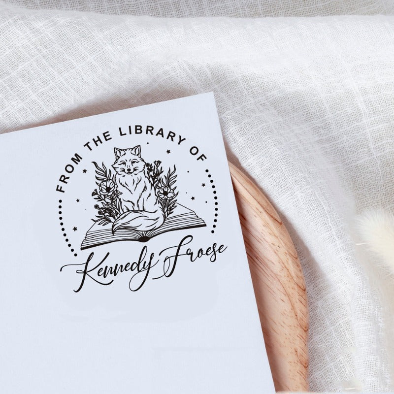 Custom your Book Stamp, with text from the library of your name, fox and book graphic.