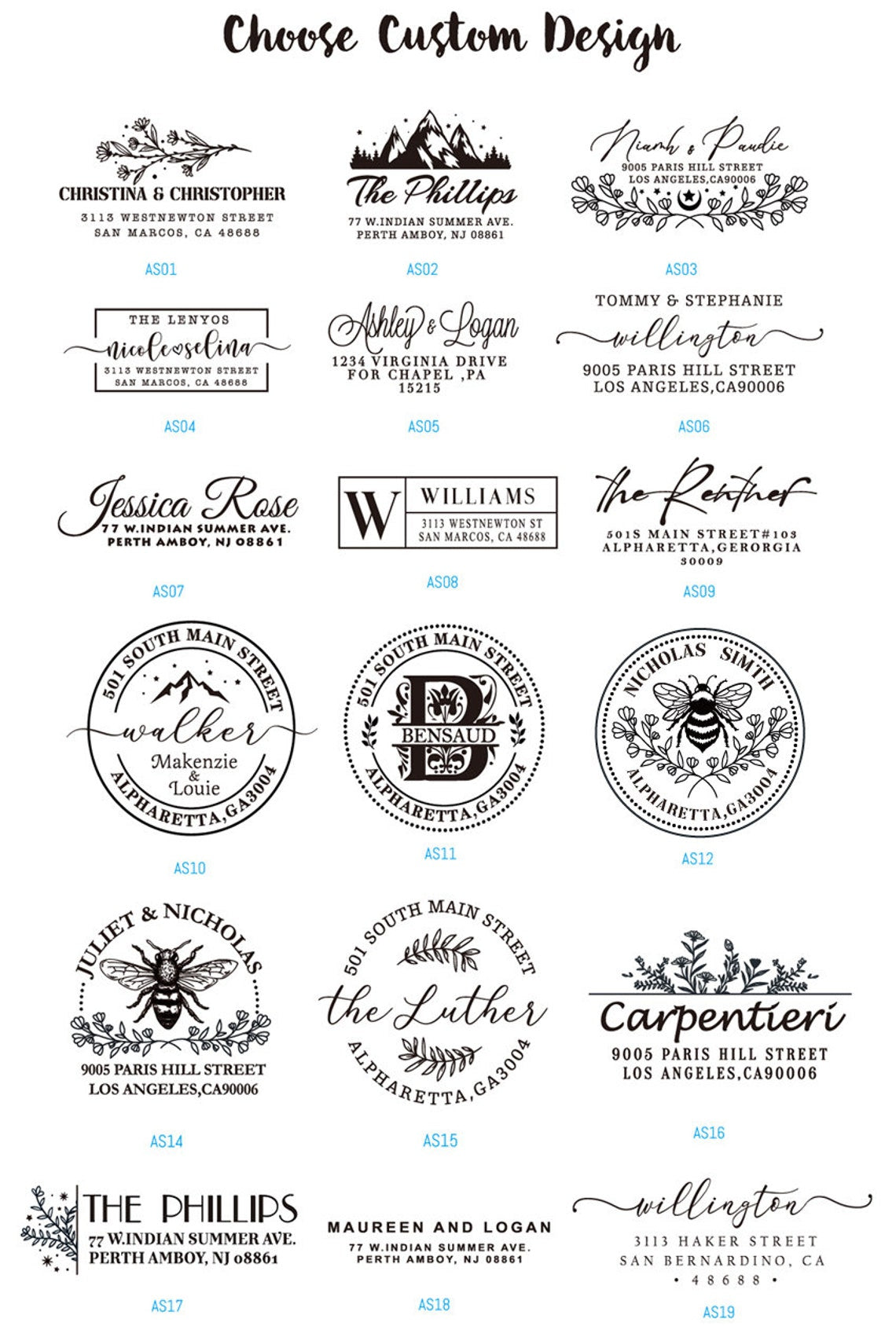 Nineteen custom artworks for the address stamp. Including the floral, plant ,mountain, bee and the lettering in beautifl script font.