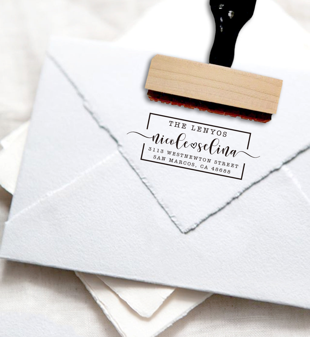 A personalized self inking return address stamp, customized with your name and address, stamped on the white envelope.