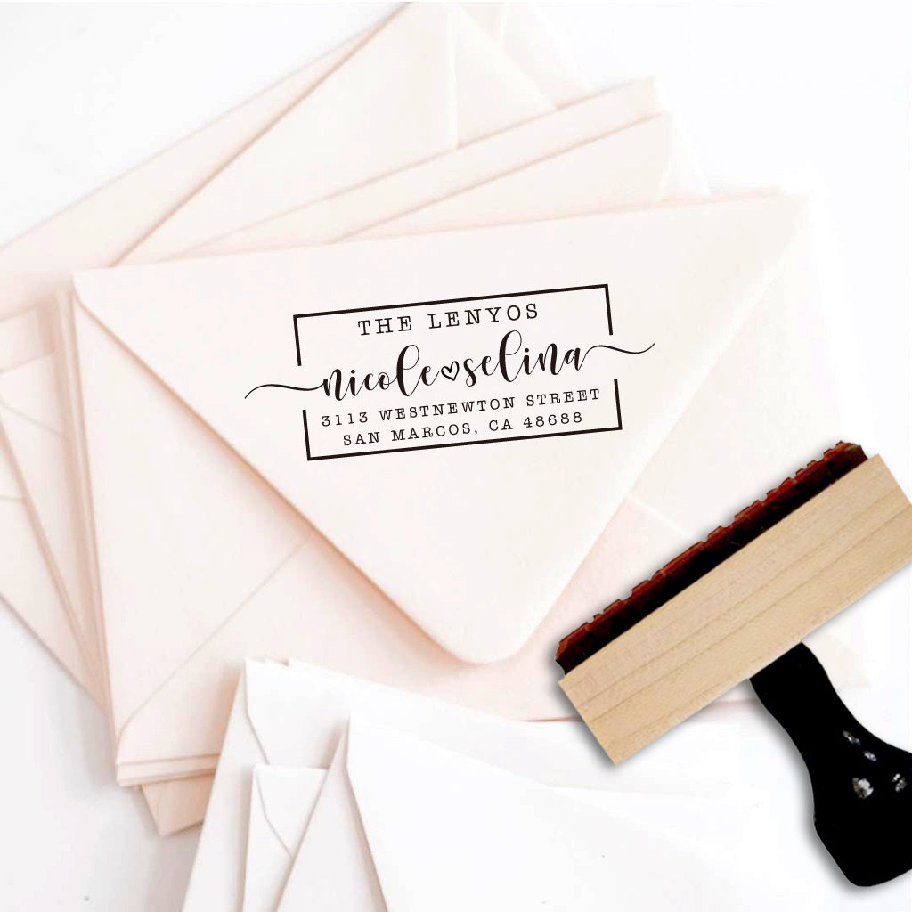 A personalized self inking address stamp, customized with your shop name and address, stamped on the pink envelope.