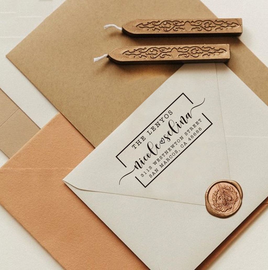 A personalized self inking return address stamp, customized with your shop name and address, stamped on the white envelope to save your time of hand writing, beside it, sealing wax is creating a wax seal on the mail.