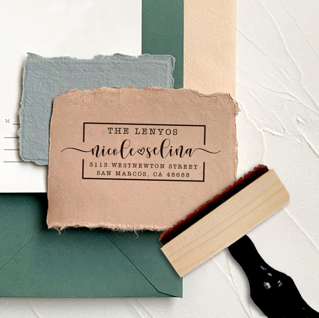 A personalized self inking address stamp, customized with your name and address, stamped on the craft paper.