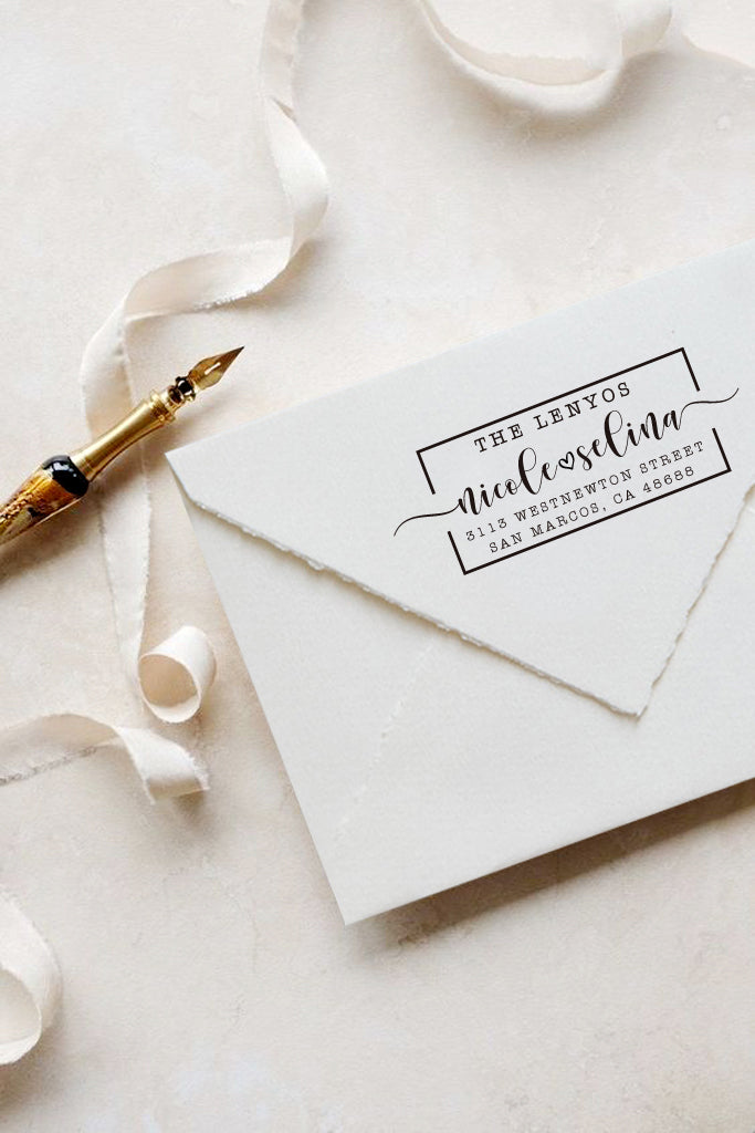 A personalized self inking address stamp, customized with your shop name and address, stamped on the white envelop, beside it, a ribbon is waiting for packing the gift.