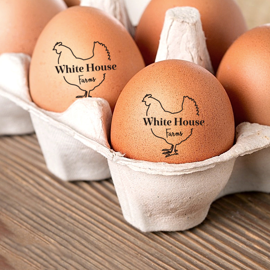 Custom Egg Stamps, with your name and chicken graphic, imprinted on the farm eggs.