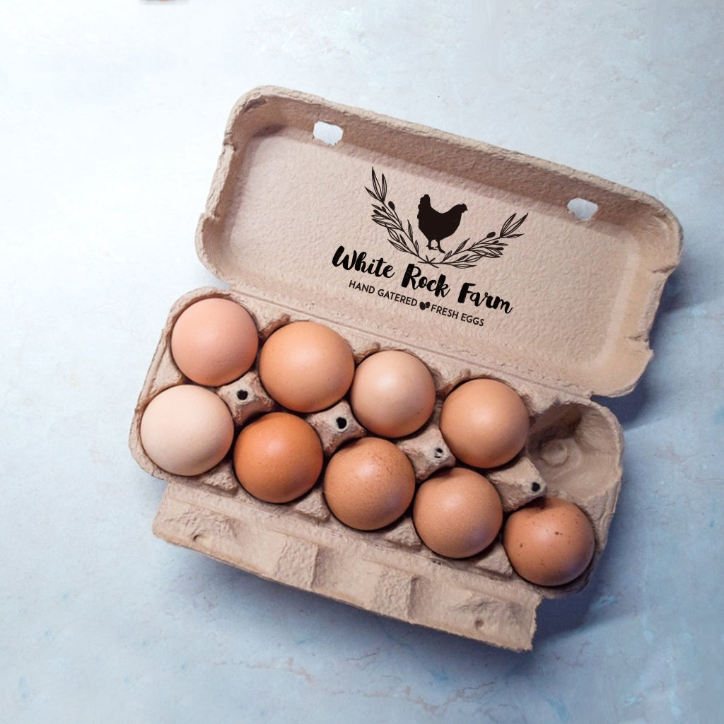 Custom Egg Carton Stamp, with your name and chicken flower graphic, imprinted on the egg carton.