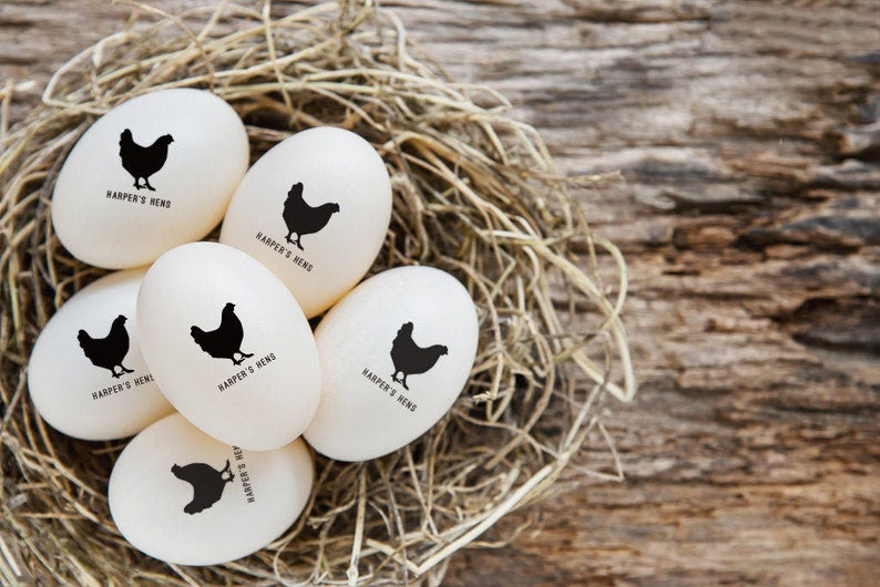 Custom Egg Stamps, with your name and chicken graphic, imprinted on the farm eggs.
