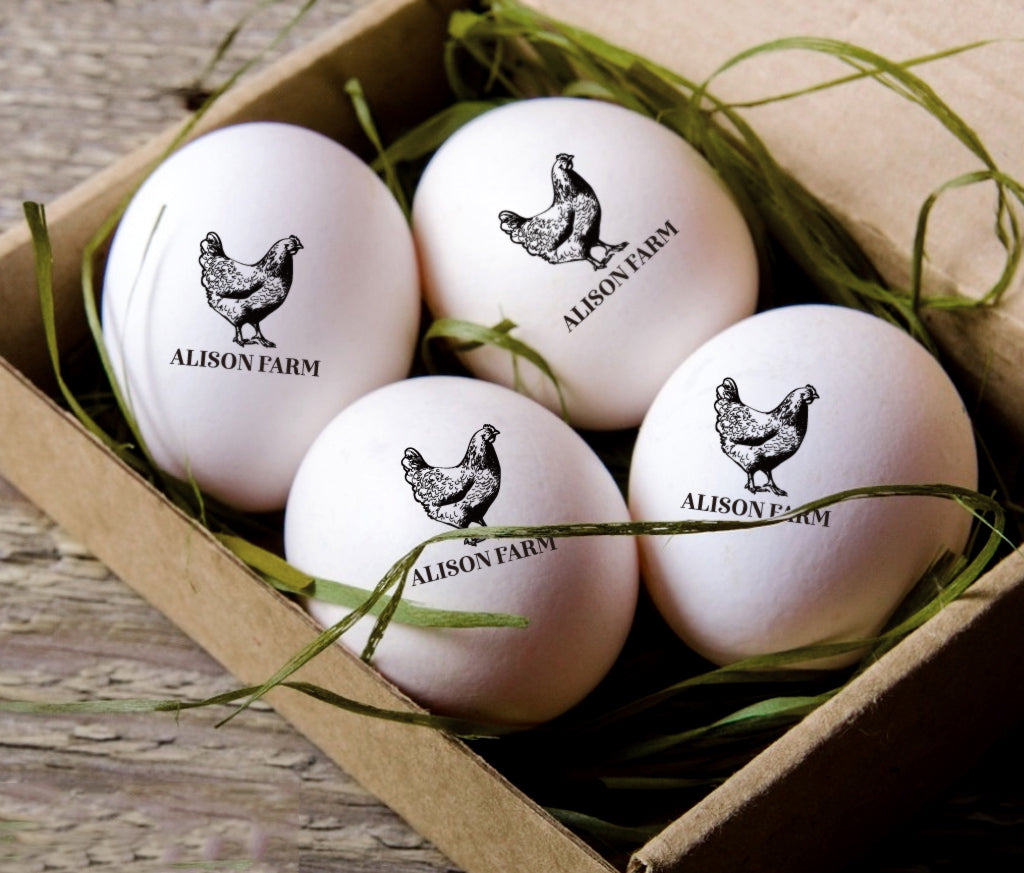 Custom Egg Stamps, with your name and hen graphic, imprinted on the farm eggs.