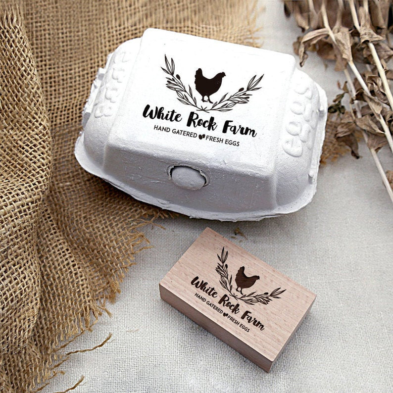 Custom Egg Carton Stamp, with your name and chicken flower graphic, imprinted on the egg carton.