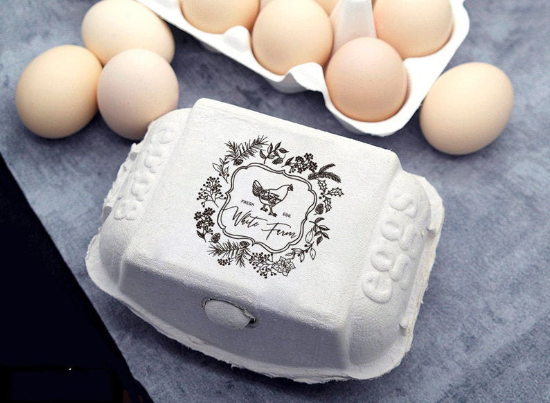 Custom Egg Carton Stamp, with your name and chicken flower graphic, imprinted on the egg carton.