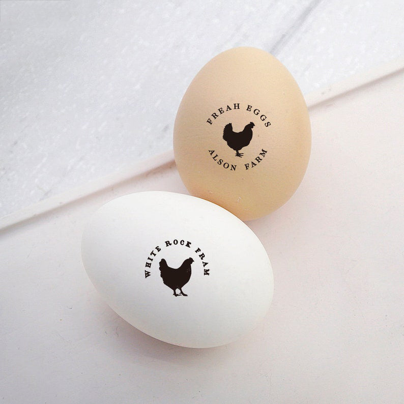 Custom Egg Stamps, with your name and chicken graphic, imprinted on the farm eggs.