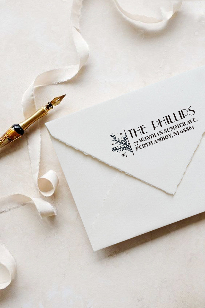 A personalized self inking address stamp, customized with your shop name and address, stamped on the white envelop, beside it, a ribbon is waiting for packing the gift.