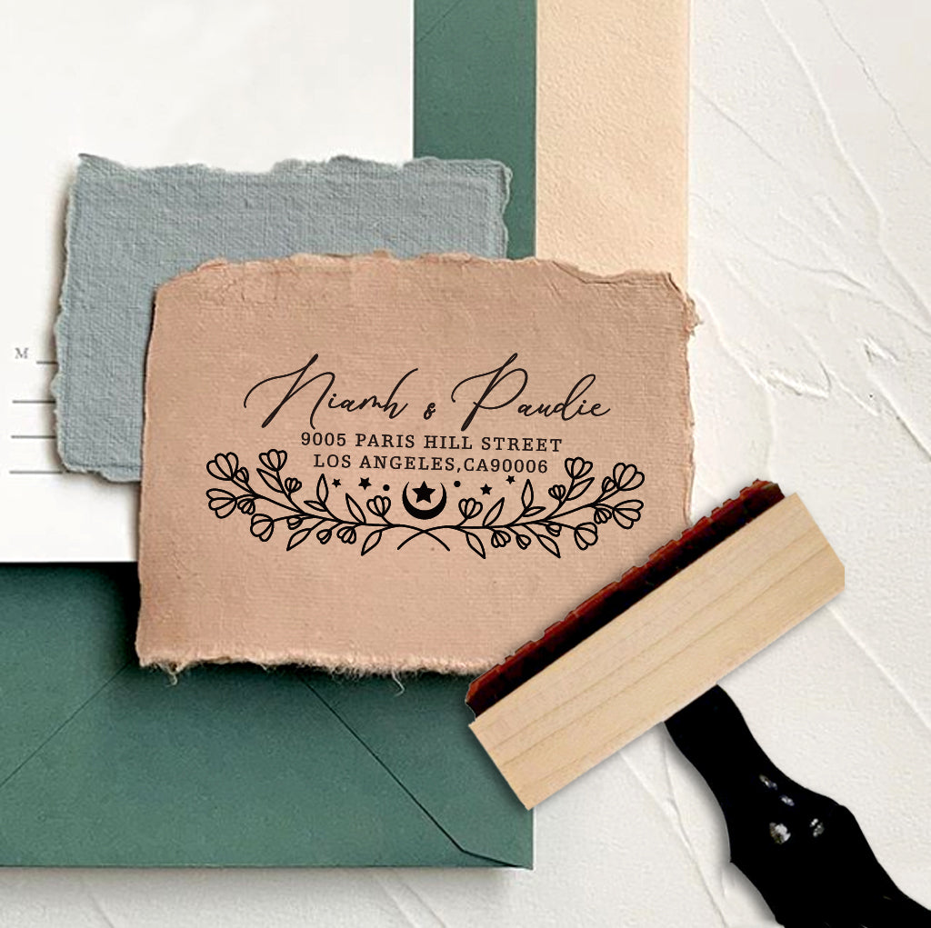 personalized self inking address stamp, customized with your name, address and flower, stamped on the craft paper.