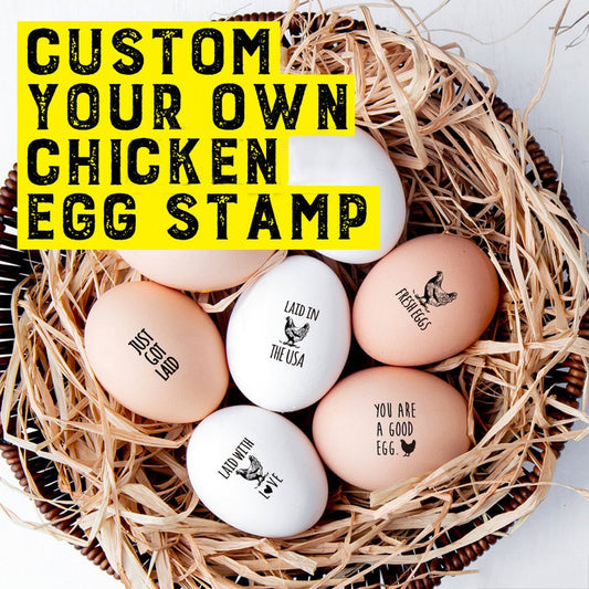 Custom Egg Stamps, with your name and chicken graphic, imprinted on the farm eggs.