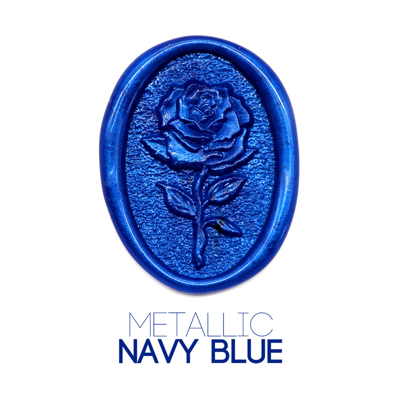 a rose flower wax seal just to show the effect of metallic navy blue dnight sealing wax beads.