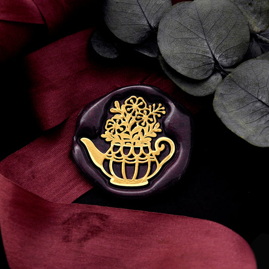 Wax Seal Stamp, created a wax seal on a red ribbon with flower teapot vase design