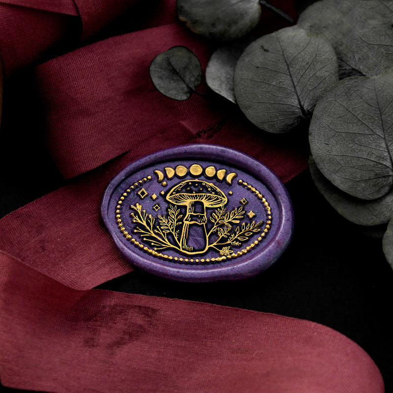 Wax Seal Stamp, created a wax seal on a red ribbon with moon phases mushroom design