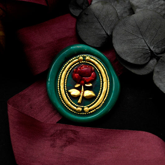Wax Seal Stamp, created a wax seal on red ribbon with 3D rose flower design .