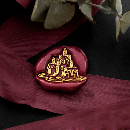 Wax Seal Stamp, created a wax seal on a red ribbon with burning candle design