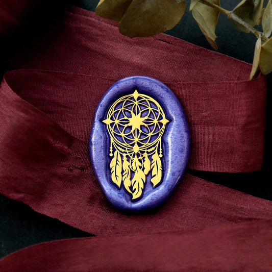 Wax Seal Stamp, created a wax seal on a red ribbon with dreamcatcher design