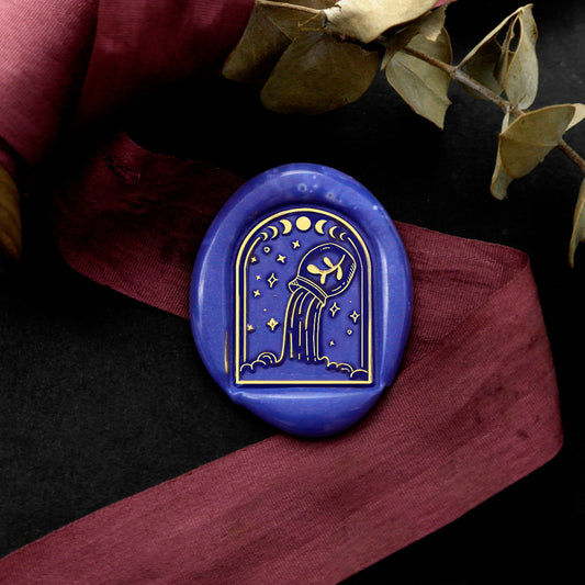 Wax Seal Stamp, created a wax seal on a red ribbon with bottle moon phases design