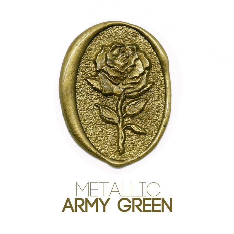 a rose flower wax seal just to show the effect of metallic army green sealing wax beads.