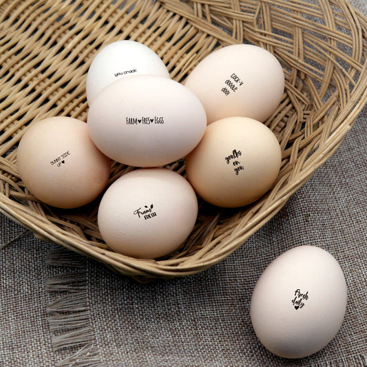 mini egg stamps, imprinted on the farm eggs with the design of Farm Fresh Egg.