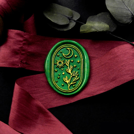Wax Seal Stamp, created a wax seal on a red ribbon with moon sun stars plant design