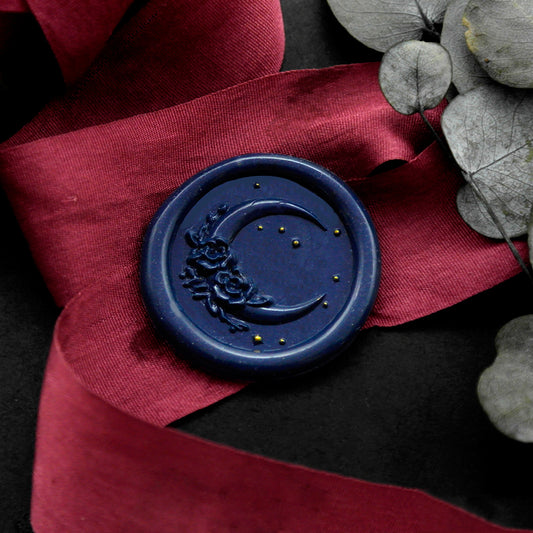 Wax Seal Stamp, created a blue wax seal on red ribbon with 3D Rose Moon design .