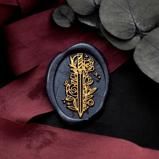 Wax Seal Stamp, created an oval wax seal on a red ribbon with sword rose flower design