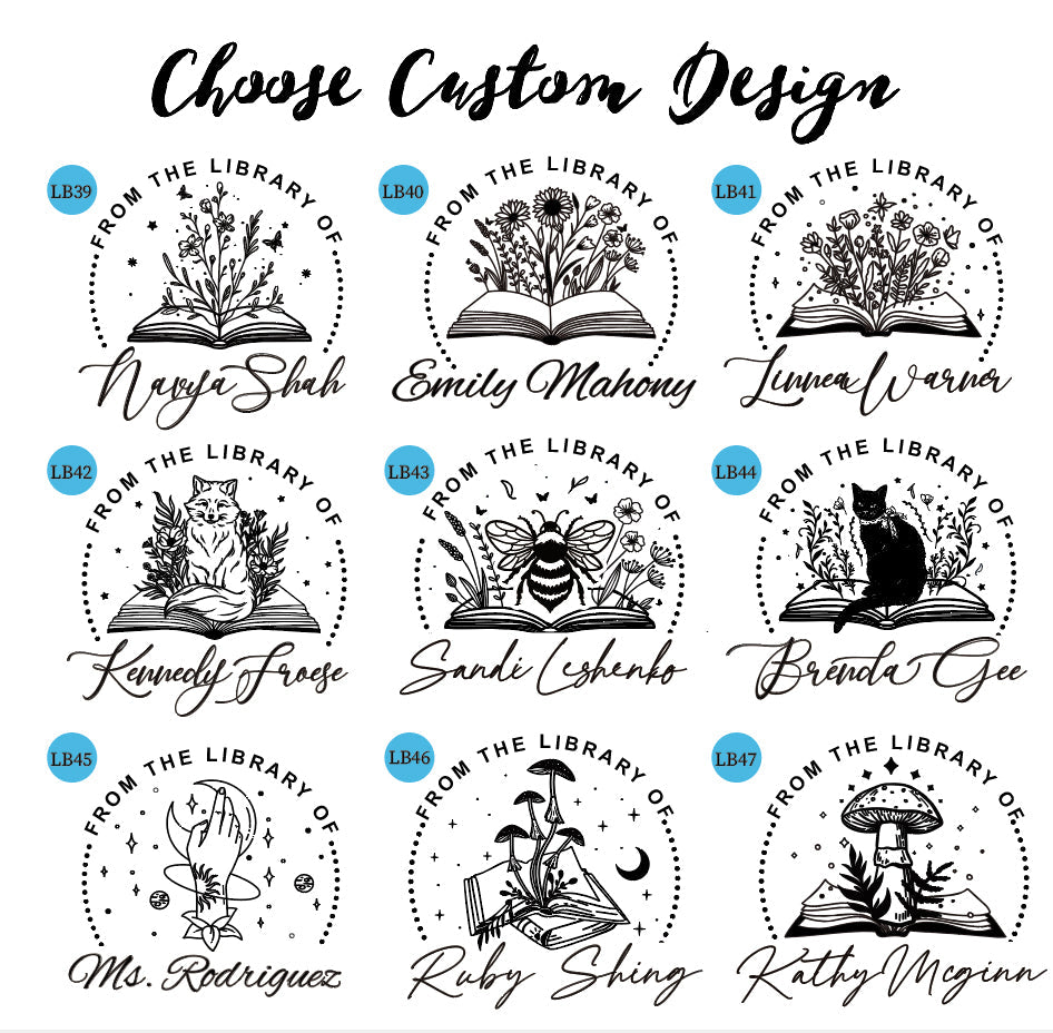 9 designs of custom library book stamps for choosing.