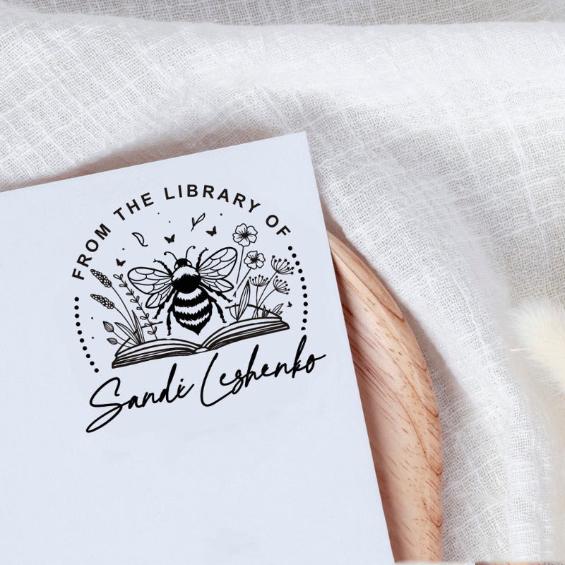 Custom your Book Stamp, with text from the library of your name, bee and books graphic.
