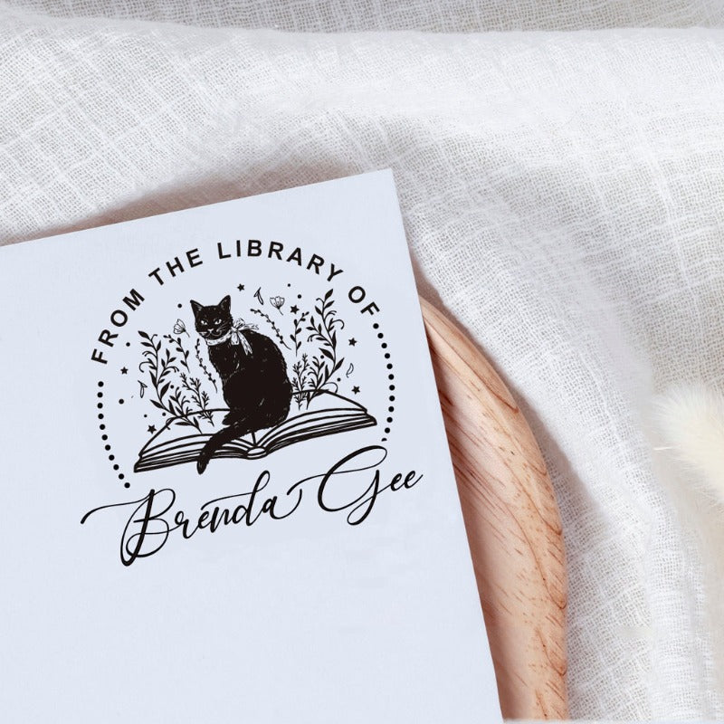 Custom your Book Stamp, with text from the library of your name, cat and books graphic.