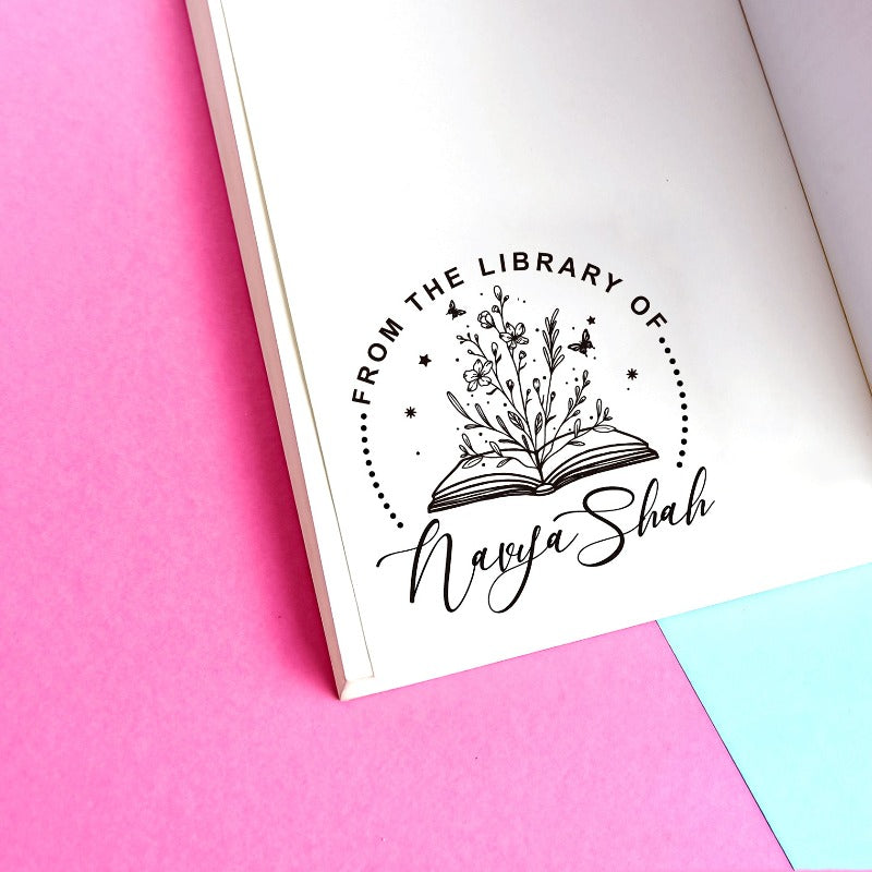 Custom your Book Stamp, with text from the library of your name, butterflies, Flowers and books graphic.