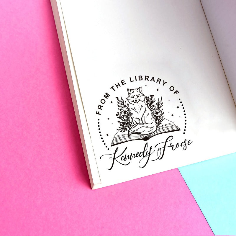 Custom your Book Stamp, with text from the library of your name, fox and book graphic.