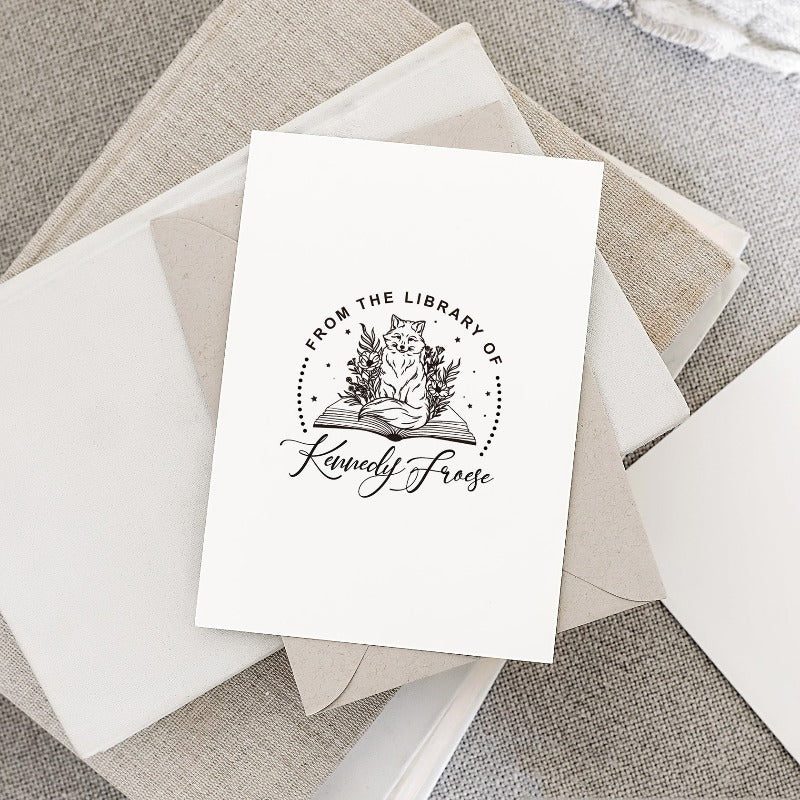 Custom your Book Stamp, with text from the library of your name, fox and book graphic.
