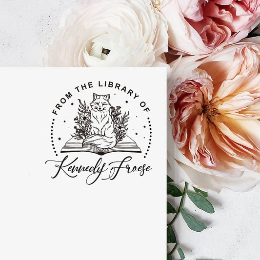 Custom your Book Stamp, with text from the library of your name, fox and book graphic.