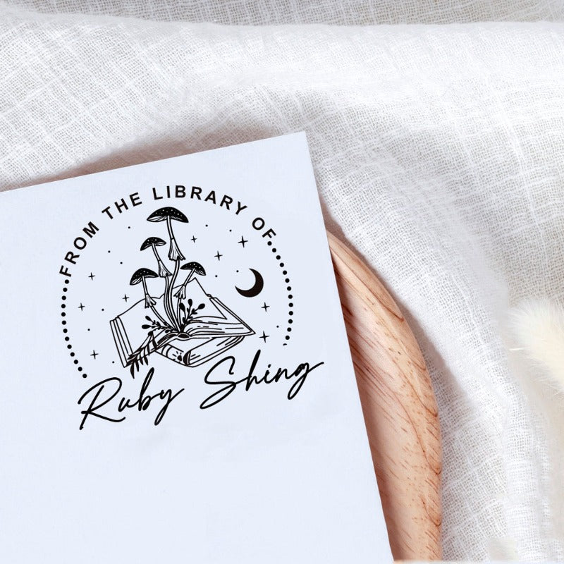 Custom your Book Stamp, with text from the library of your name, mushroom and books graphic.