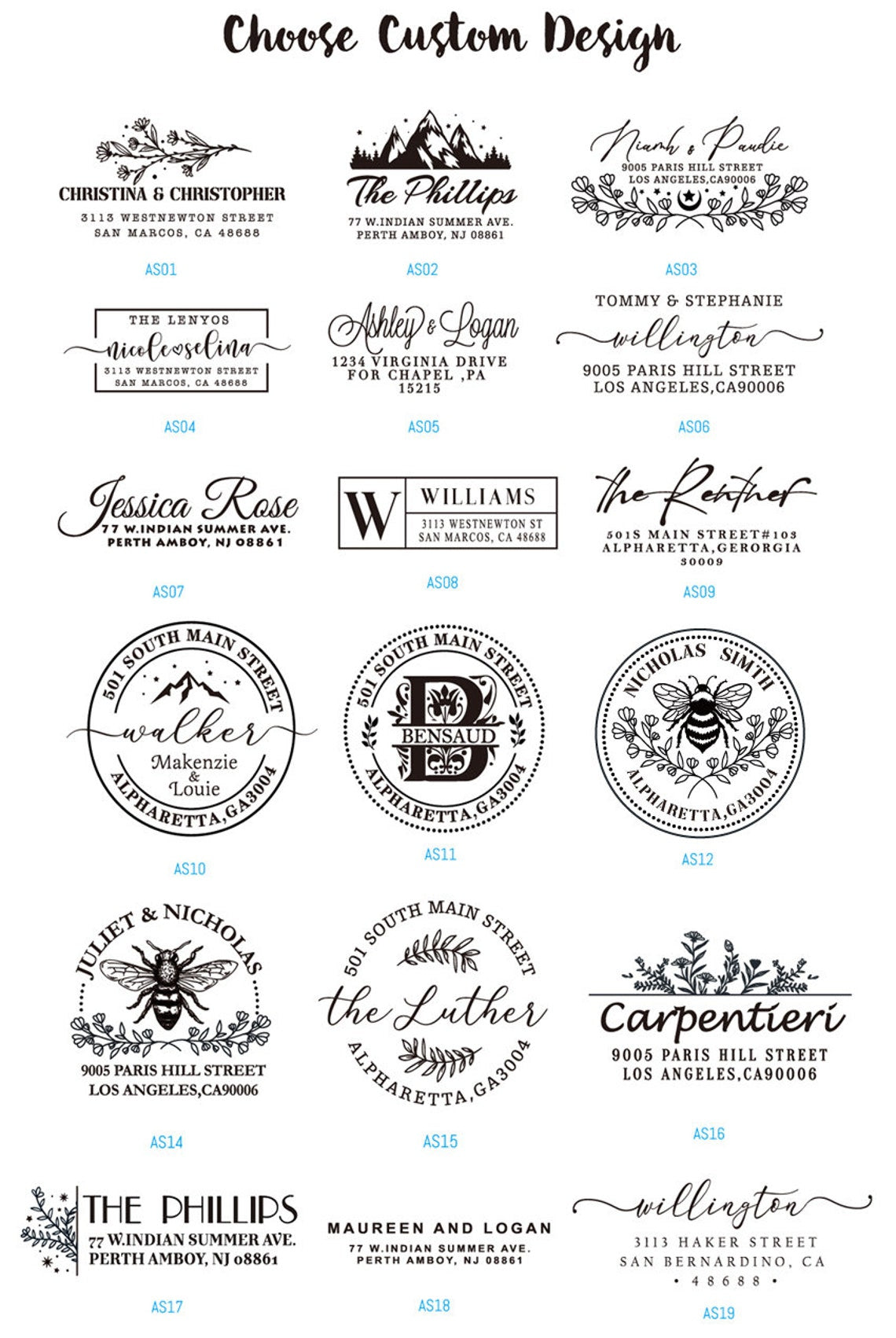 Nineteen custom artworks for the address stamp. Including the floral,  plant ,mountain, bee and the lettering in beautifl script font.