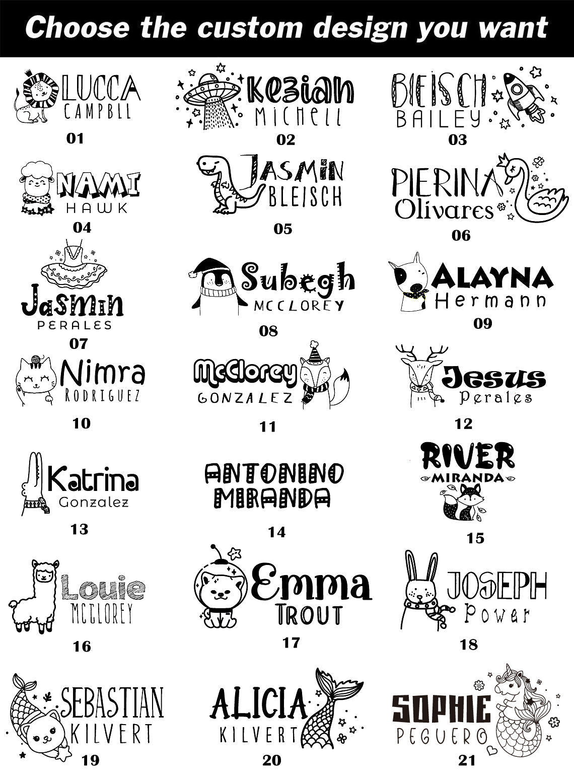 21 custom clothing stamps' artworks for pick, design like lion, UFO, rocket, sheep, dinosaur, goose, dress, penguin, dog, cat, fox, deer,crocodile, alpaca, rabbit, mermaid, hippocampus.