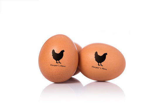 Custom Egg Stamps, with your name and hen graphic, imprinted on the farm eggs.
